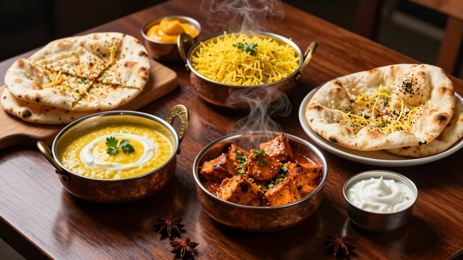 Indian dishes in copper bowls with naan and rice